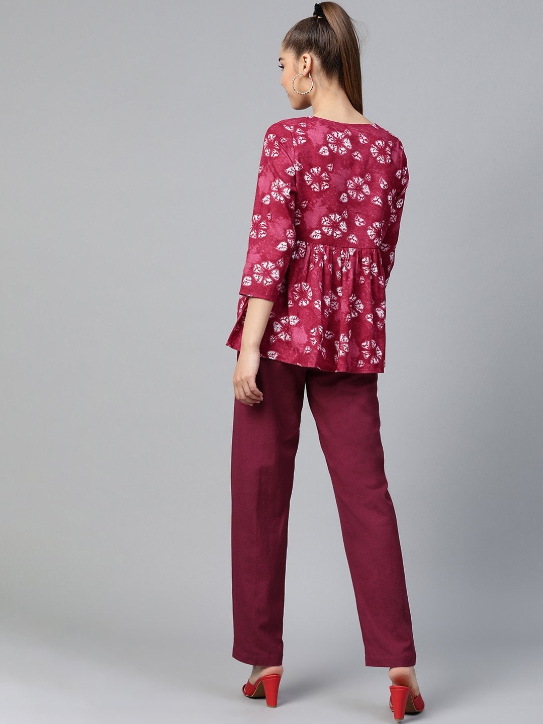 Women's Red Tie & Dye Peplum Top With Red Pants - SHAE