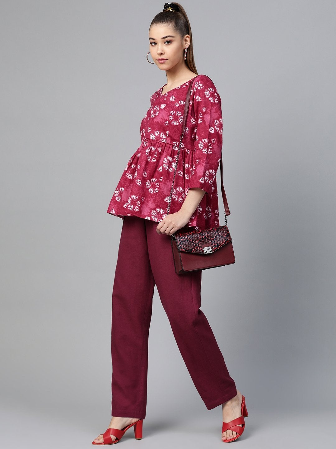 Women's Red Tie & Dye Peplum Top With Red Pants - SHAE