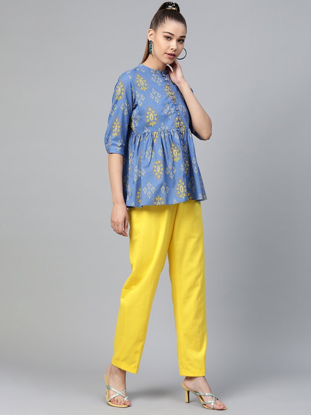 Women's Blue Floral Top With Yellow Pants - SHAE