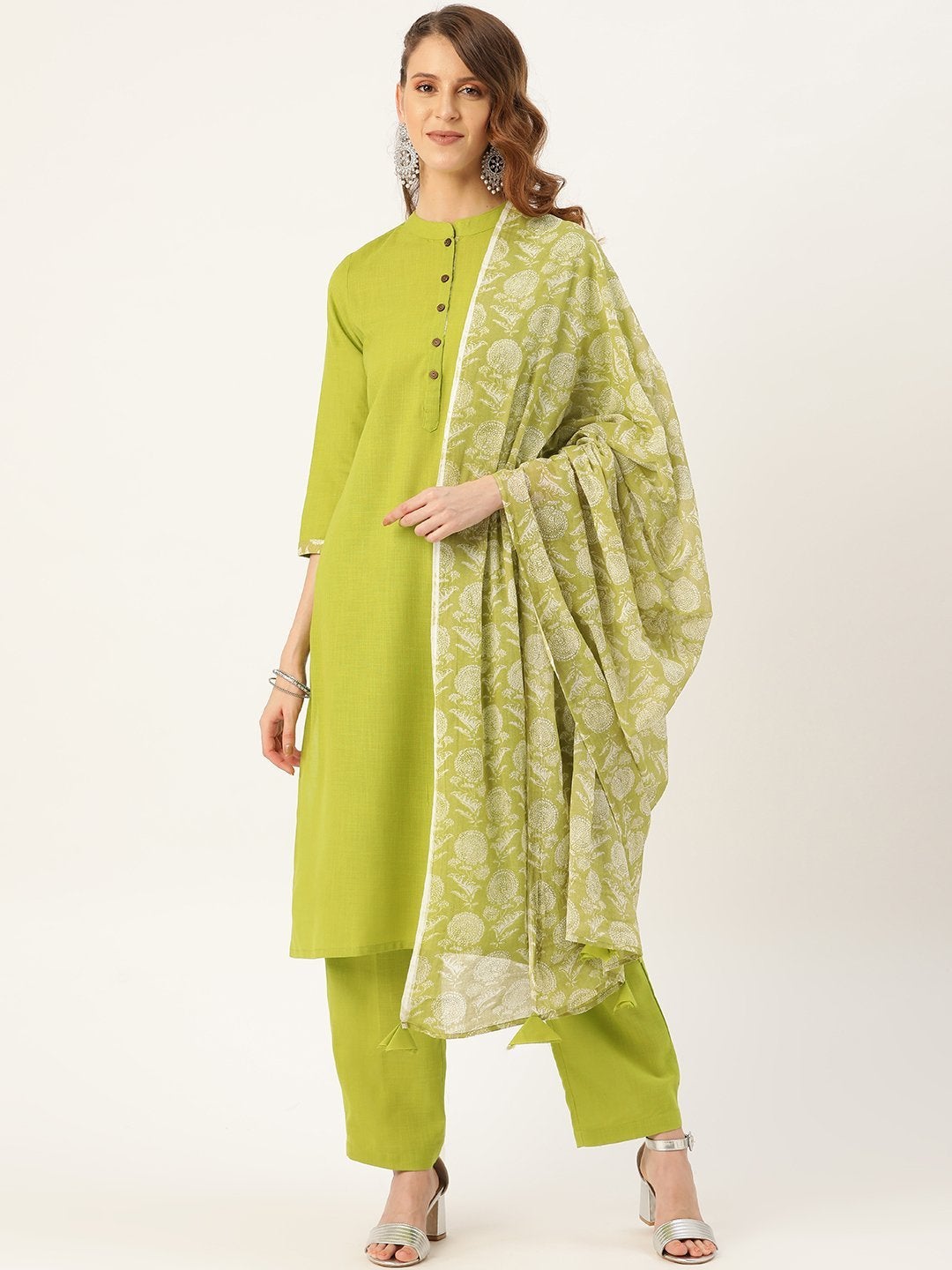 Women's Green Slub Kurta Pants & Olive Printed Dupatta - SHAE