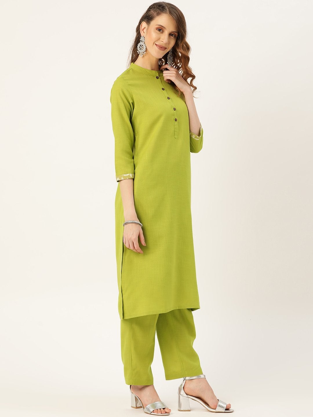 Women's Green Slub Kurta Pants & Olive Printed Dupatta - SHAE