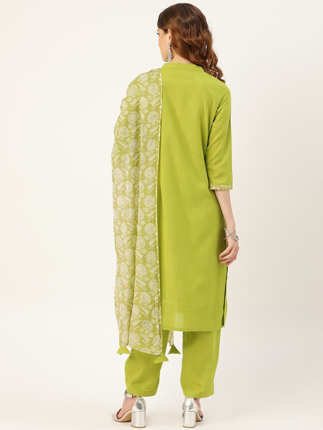 Women's Green Slub Kurta Pants & Olive Printed Dupatta - SHAE