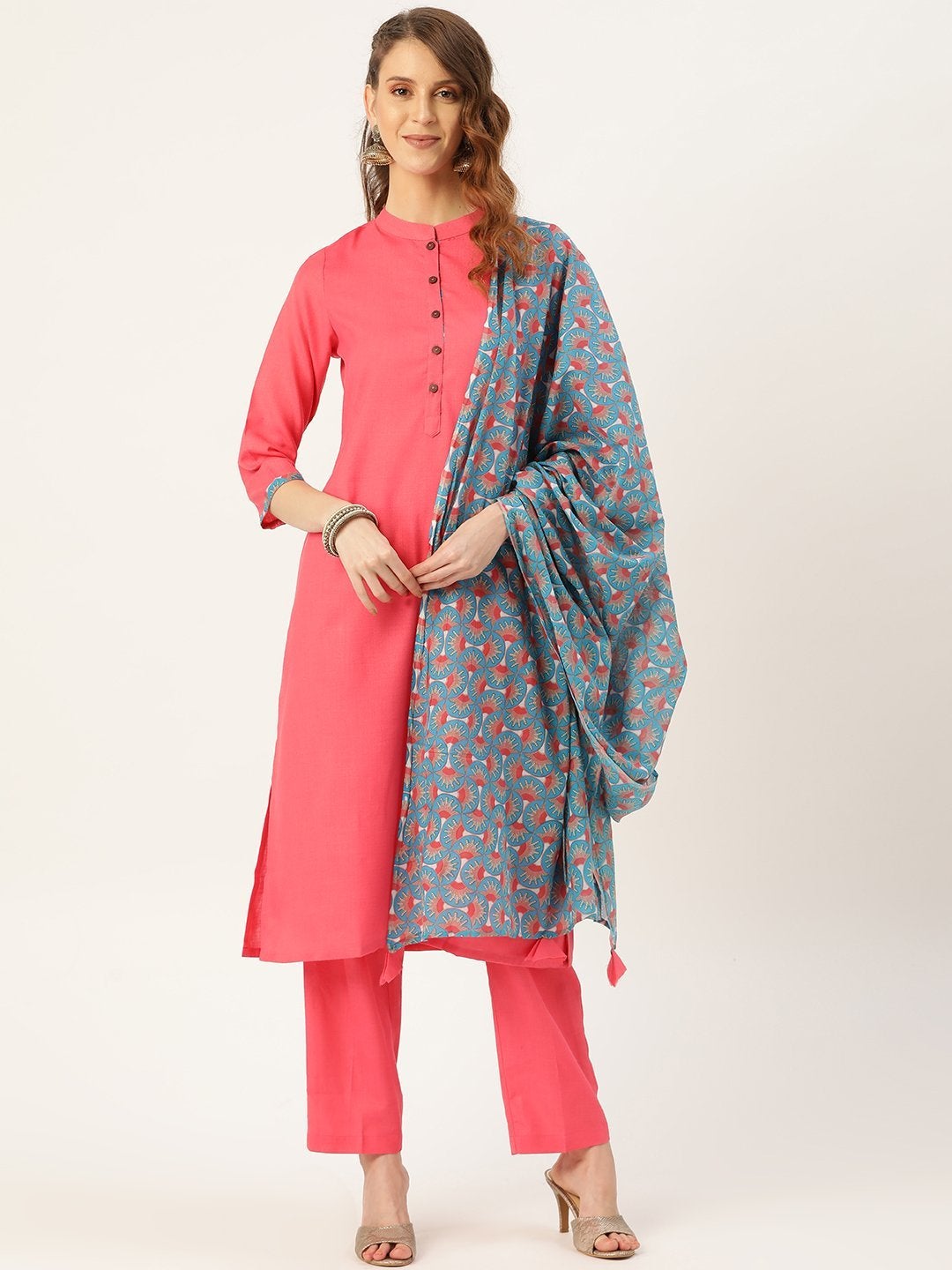 Women's Pink Slub Kurta Pants & Teal Printed Dupatta - SHAE