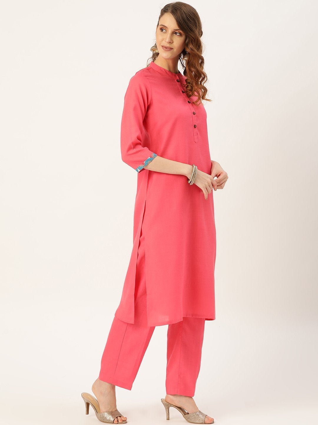 Women's Pink Slub Kurta Pants & Teal Printed Dupatta - SHAE