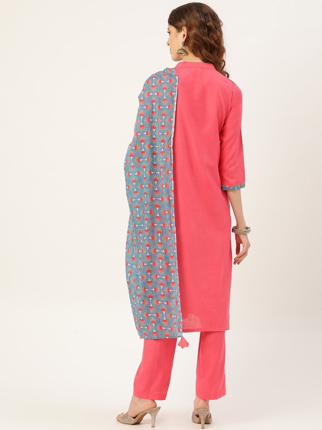 Women's Pink Slub Kurta Pants & Teal Printed Dupatta - SHAE