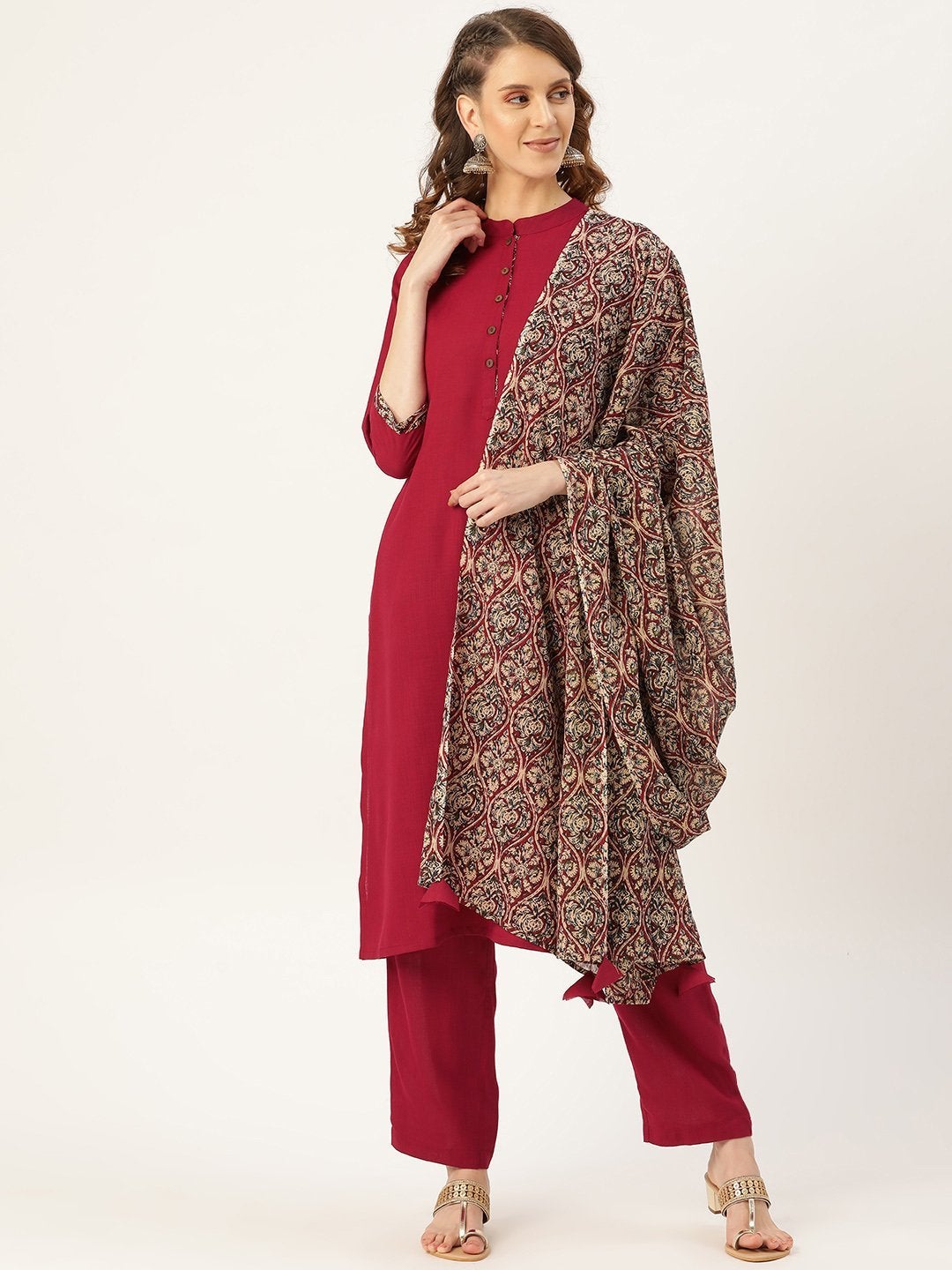 Women's Maroon Slub Kurta Pants & Maroon Floral Dupatta - SHAE