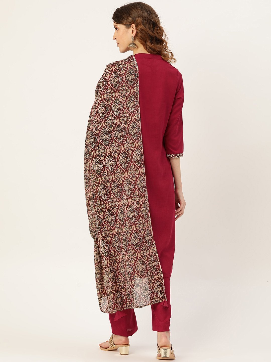 Women's Maroon Slub Kurta Pants & Maroon Floral Dupatta - SHAE