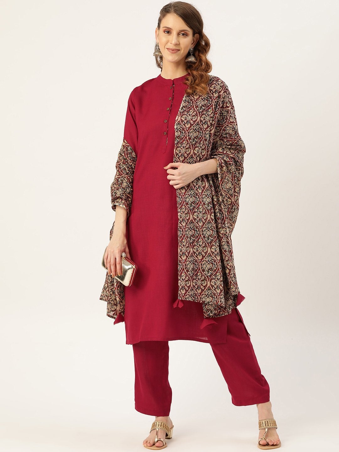 Women's Maroon Slub Kurta Pants & Maroon Floral Dupatta - SHAE