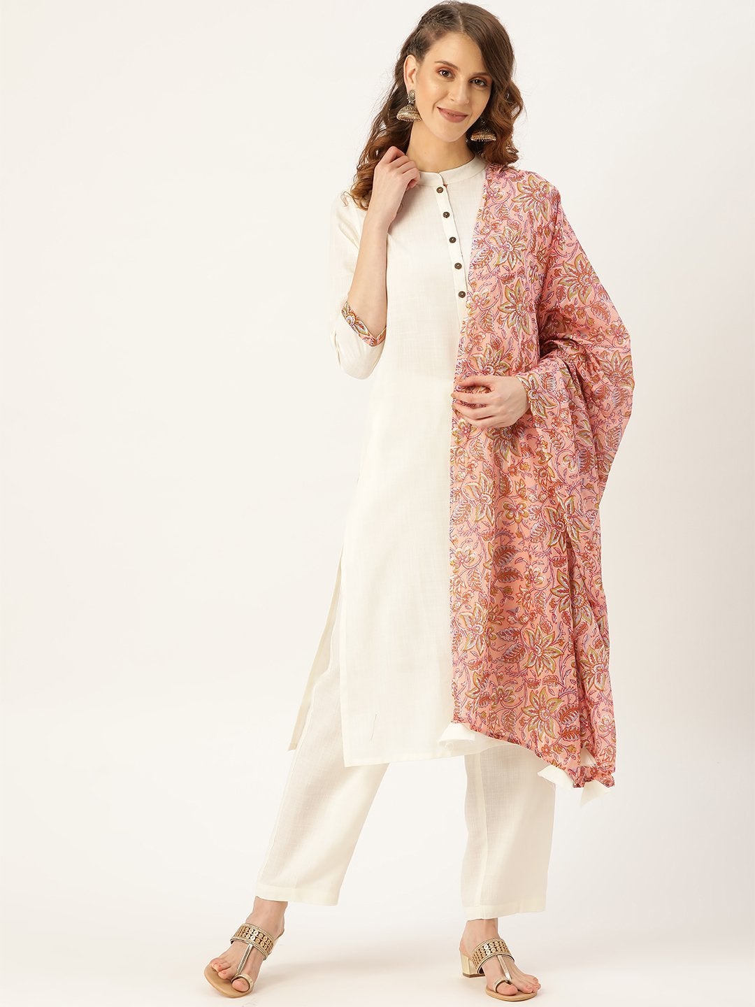 Women's Off-White Slub Kurta Pants & Pink Floral Dupatta - SHAE