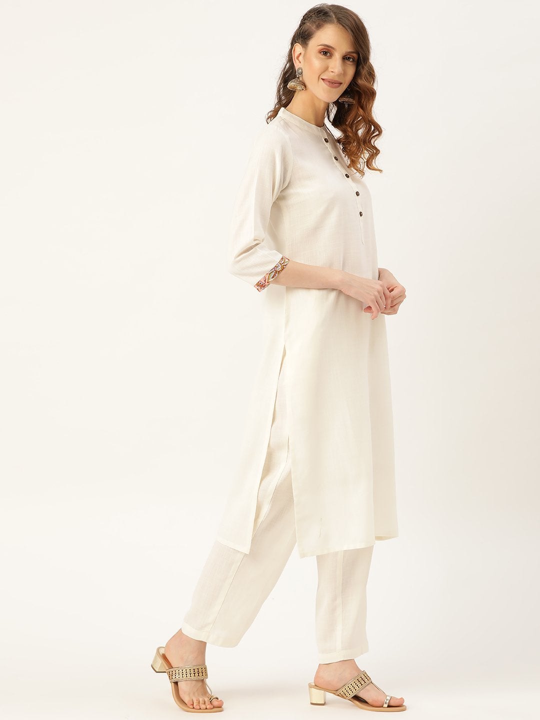 Women's Off-White Slub Kurta Pants & Pink Floral Dupatta - SHAE