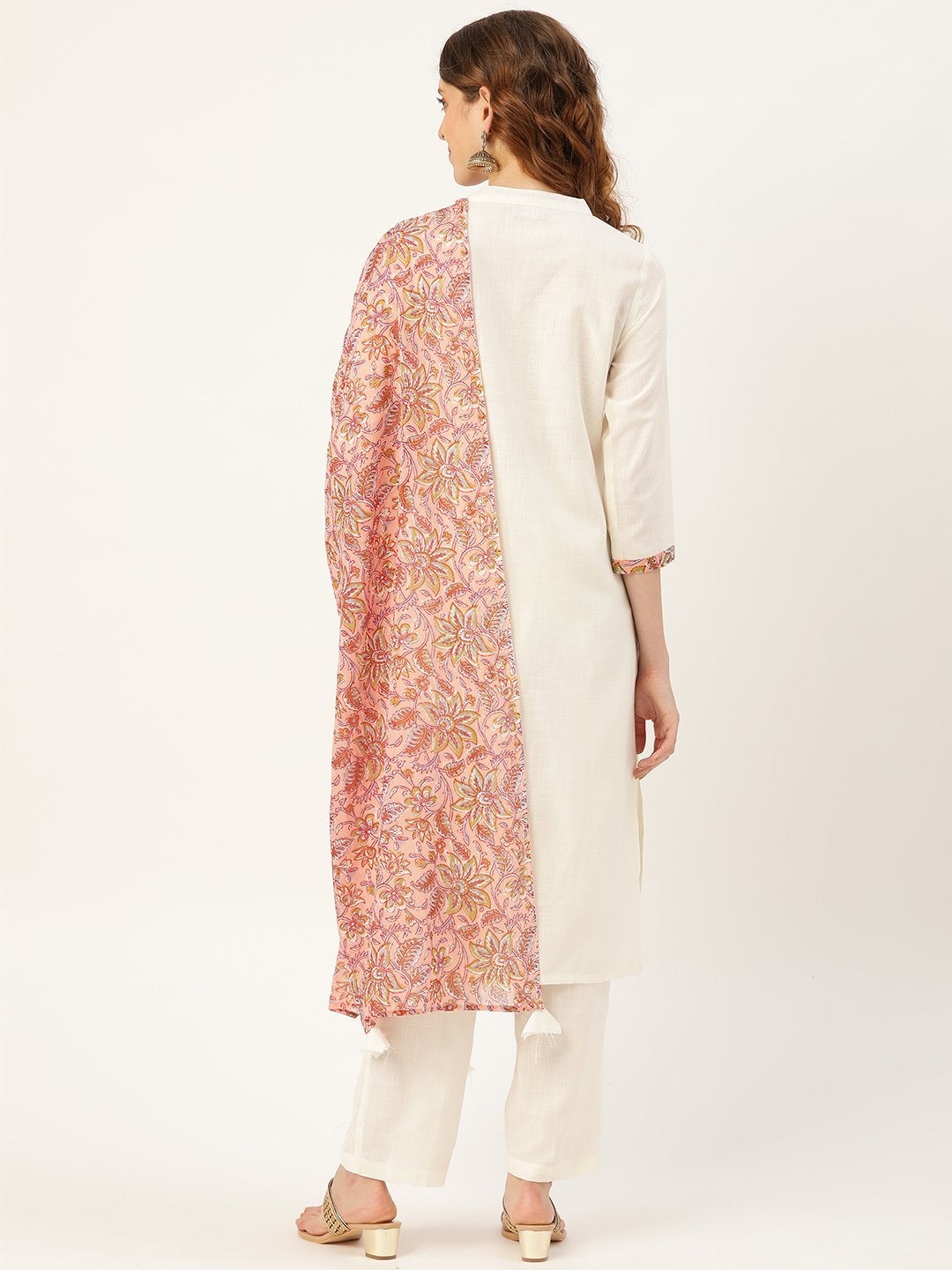 Women's Off-White Slub Kurta Pants & Pink Floral Dupatta - SHAE