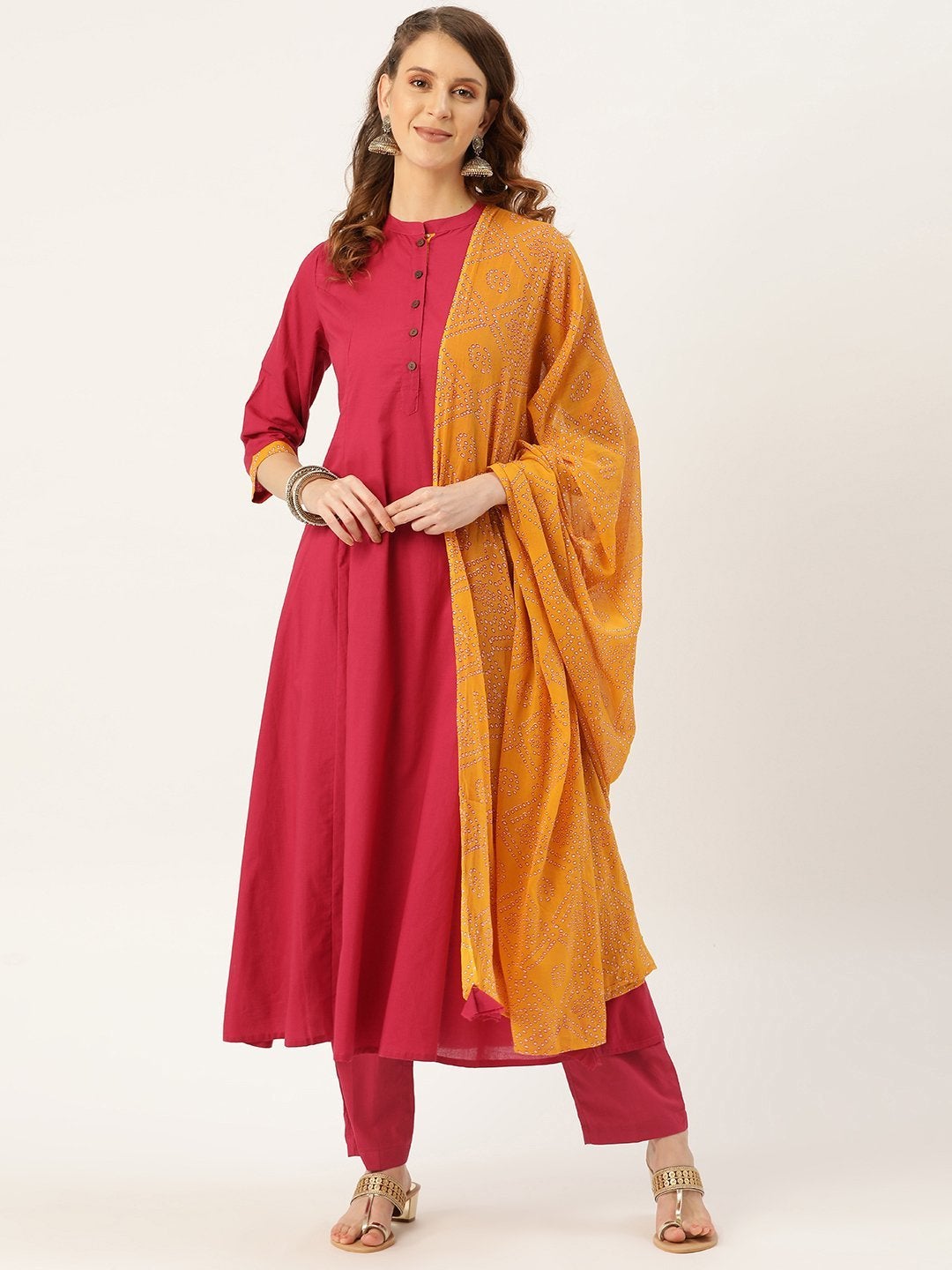 Women's Magenta Kurta Pants & Mustard Bandhej Dupatta - SHAE