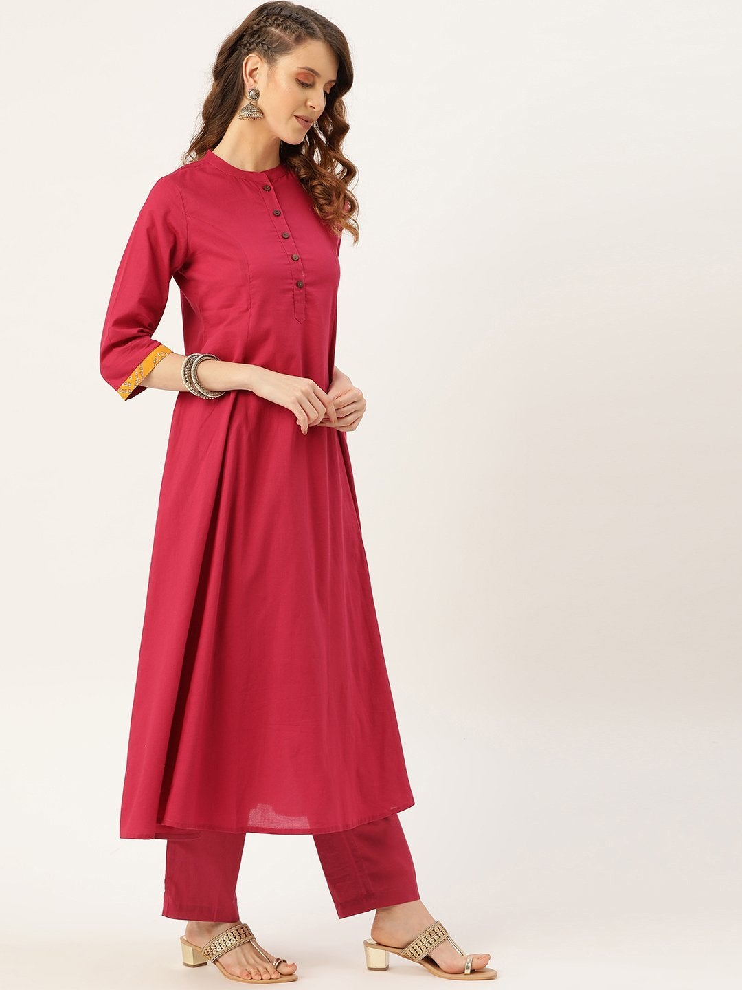 Women's Magenta Kurta Pants & Mustard Bandhej Dupatta - SHAE