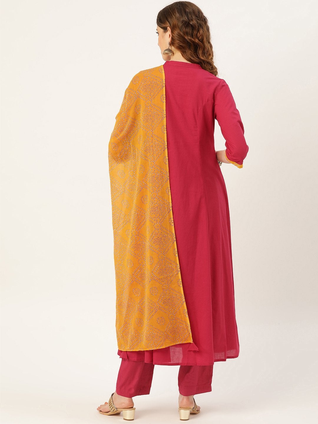 Women's Magenta Kurta Pants & Mustard Bandhej Dupatta - SHAE