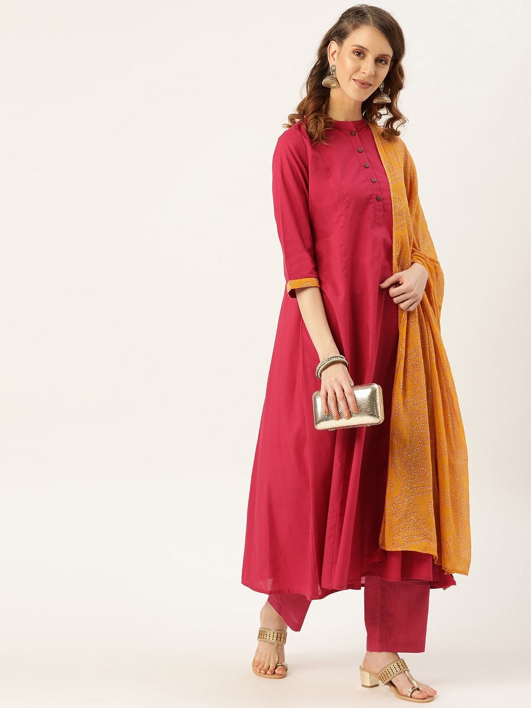 Women's Magenta Kurta Pants & Mustard Bandhej Dupatta - SHAE