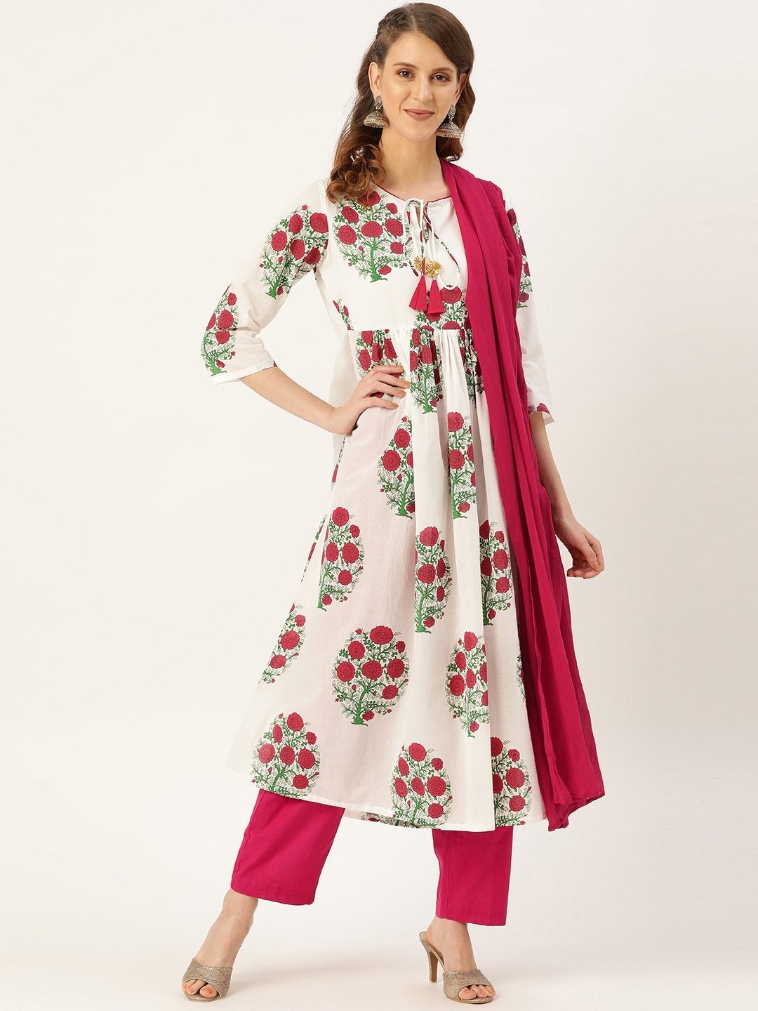 Women's Magenta Floral Kurta With Pants & Magenta Crinkled Dupatta - SHAE