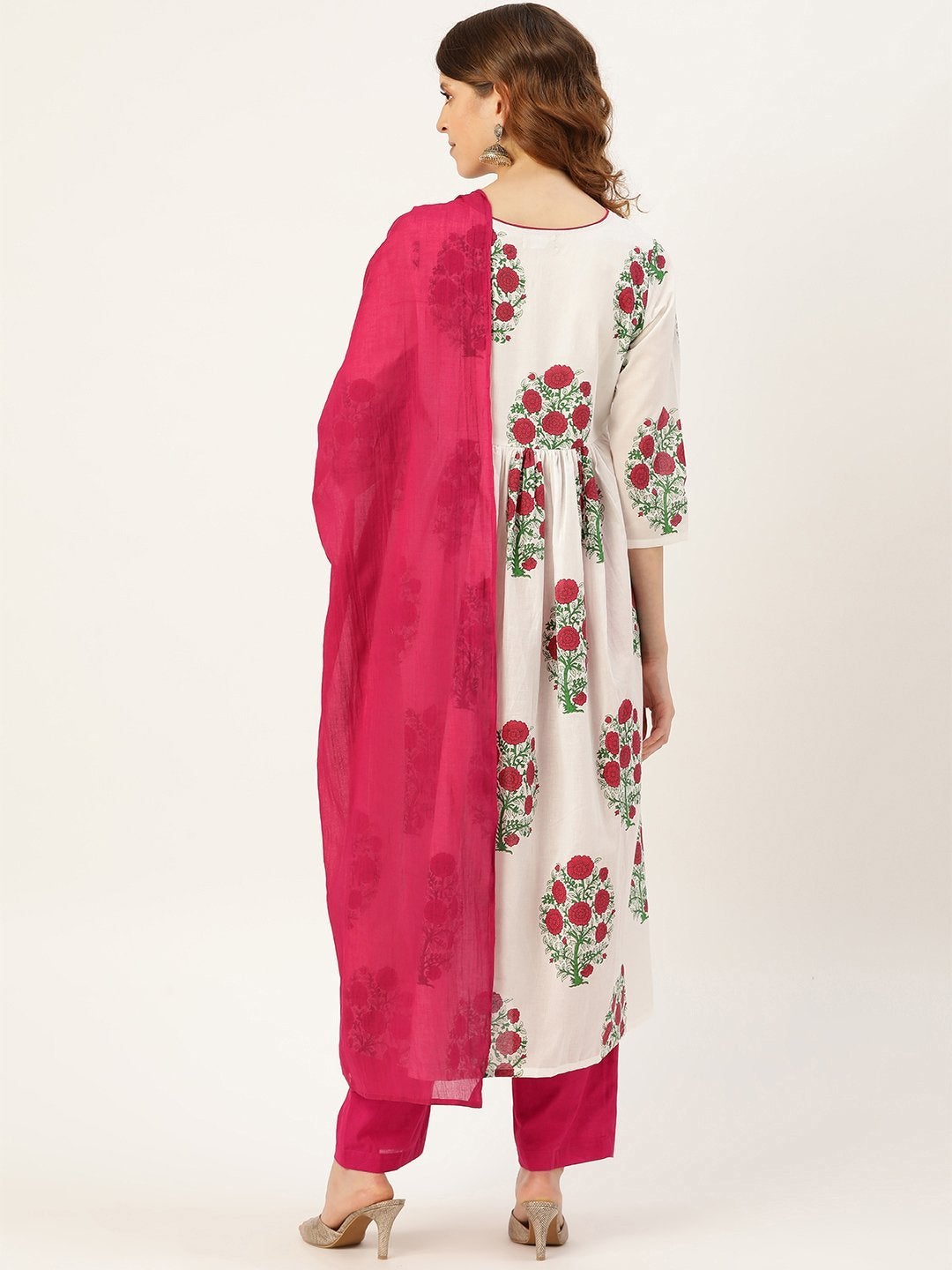 Women's Magenta Floral Kurta With Pants & Magenta Crinkled Dupatta - SHAE