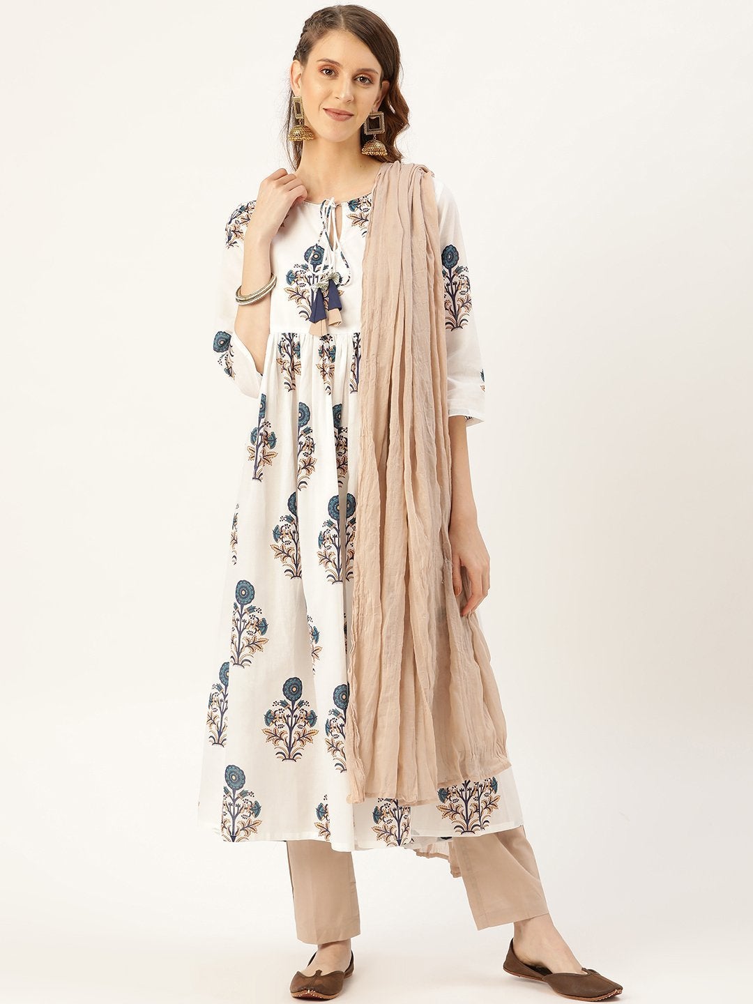 Women's Navy Floral Kurta With Pants & Beige Crinkled Dupatta - SHAE