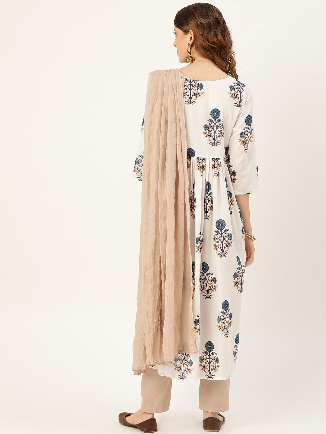 Women's Navy Floral Kurta With Pants & Beige Crinkled Dupatta - SHAE