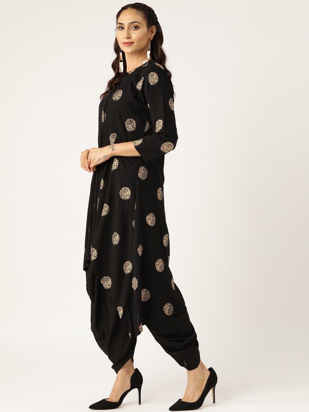 Women's Black Foil High Low Kurta With Dhoti Pants - SHAE