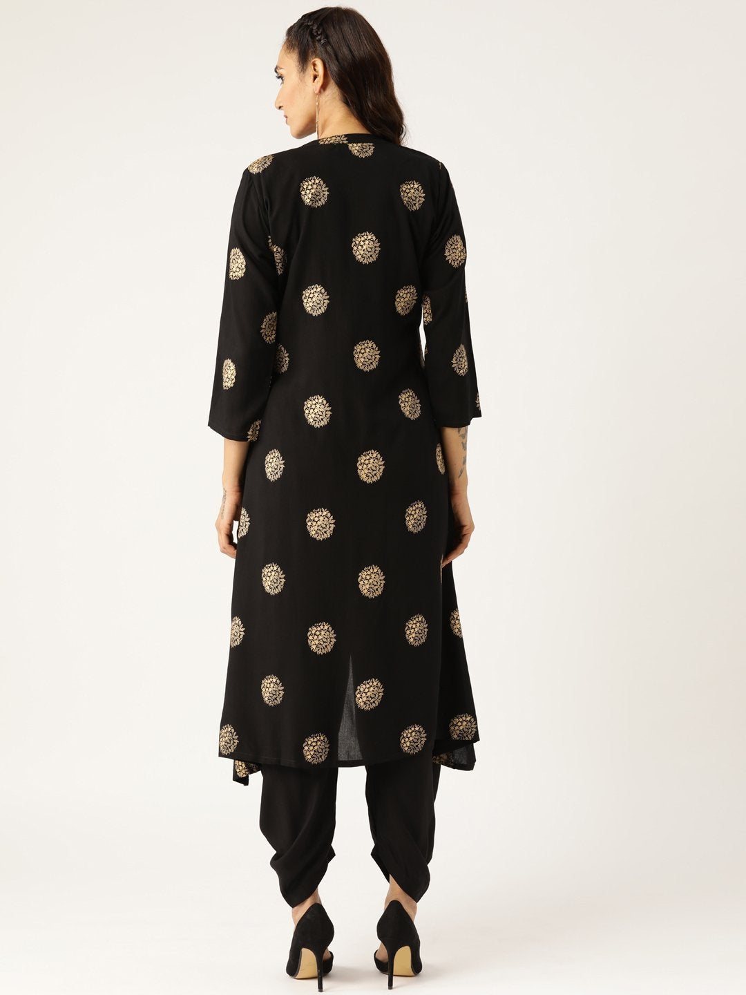 Women's Black Foil High Low Kurta With Dhoti Pants - SHAE