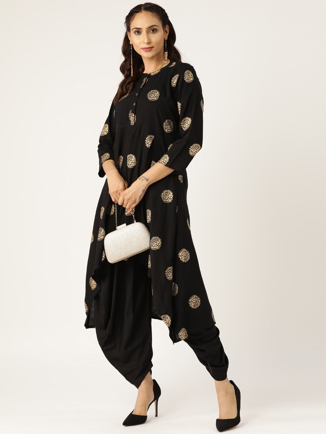 Women's Black Foil High Low Kurta With Dhoti Pants - SHAE