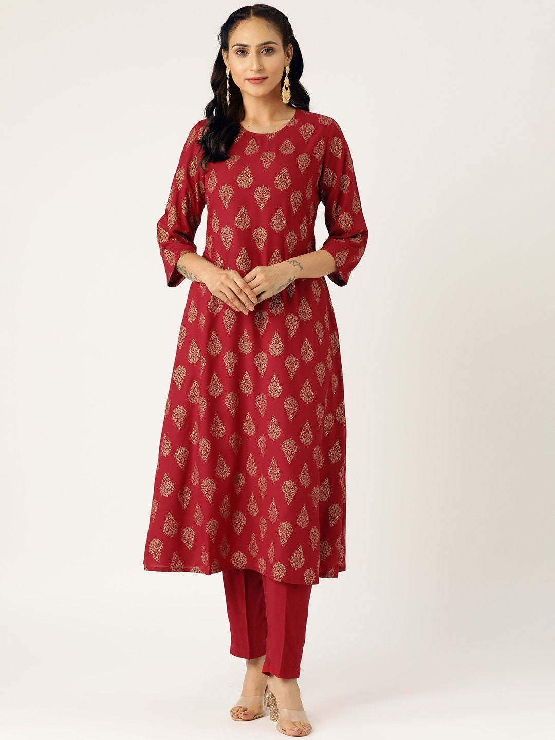 Women's Maroon Floral A-Line Kurta With Pencil Pants - SHAE