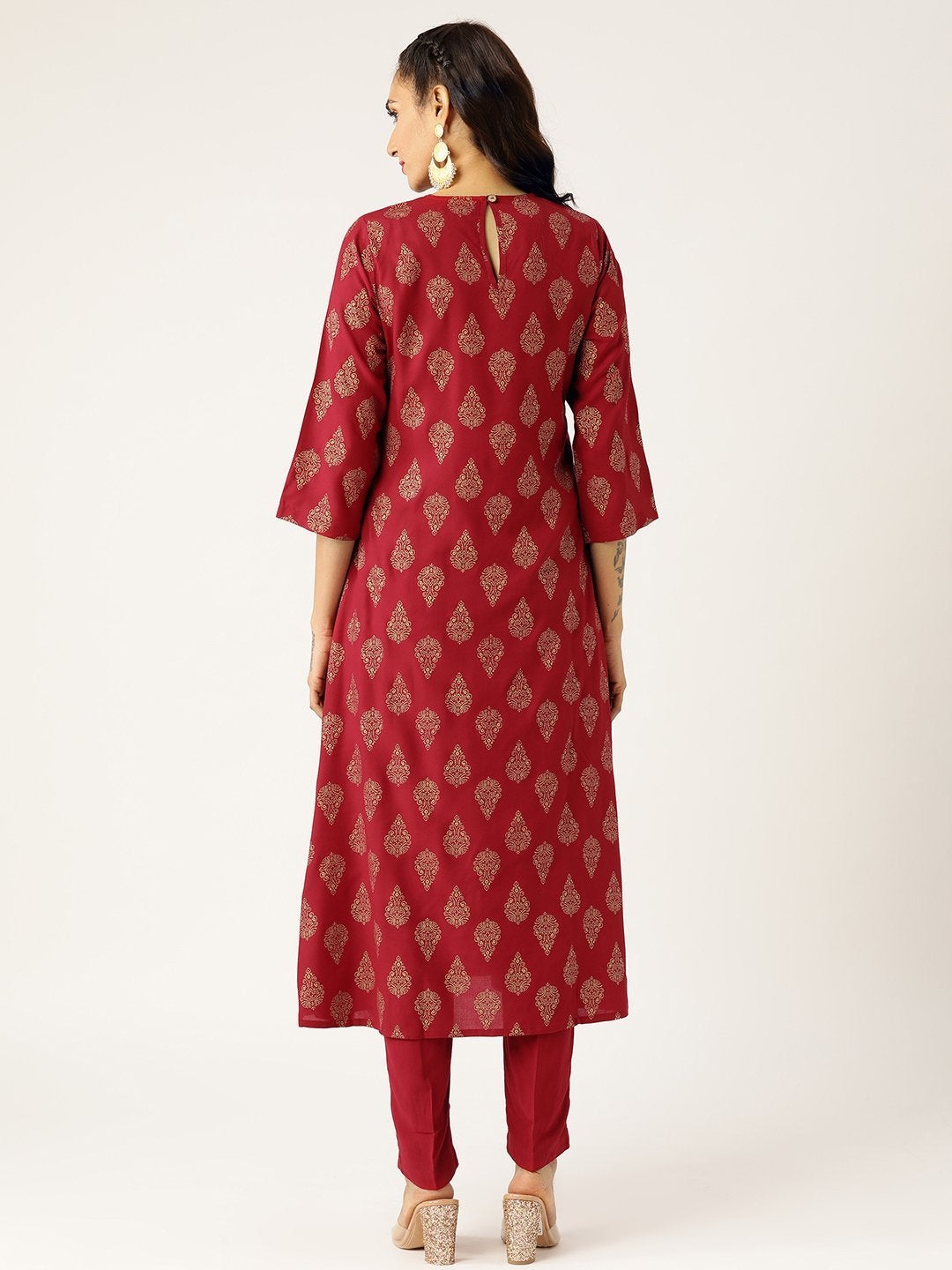 Women's Maroon Floral A-Line Kurta With Pencil Pants - SHAE