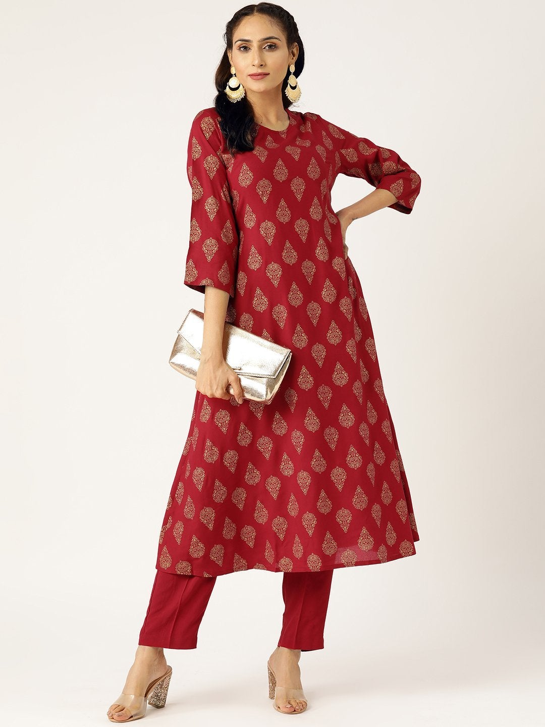 Women's Maroon Floral A-Line Kurta With Pencil Pants - SHAE