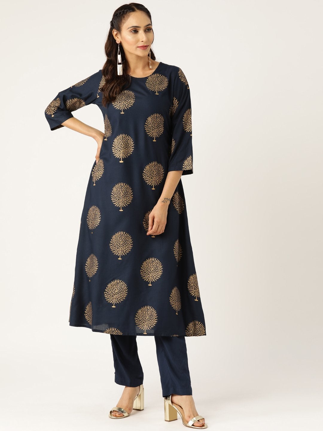 Women's Navy Tree Foil A-Line Kurta With Pencil Pants - SHAE