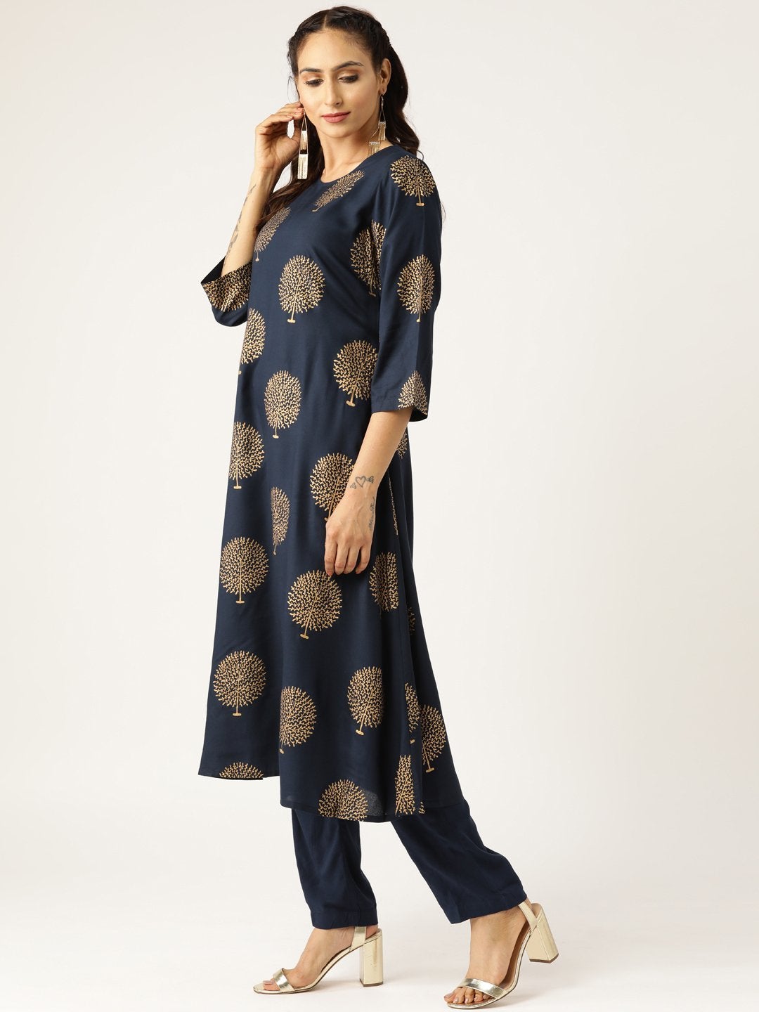 Women's Navy Tree Foil A-Line Kurta With Pencil Pants - SHAE