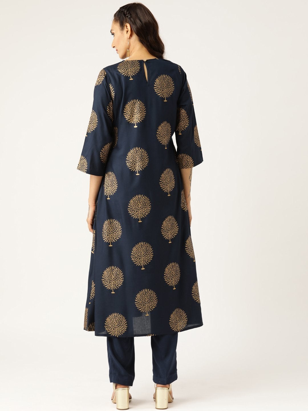 Women's Navy Tree Foil A-Line Kurta With Pencil Pants - SHAE