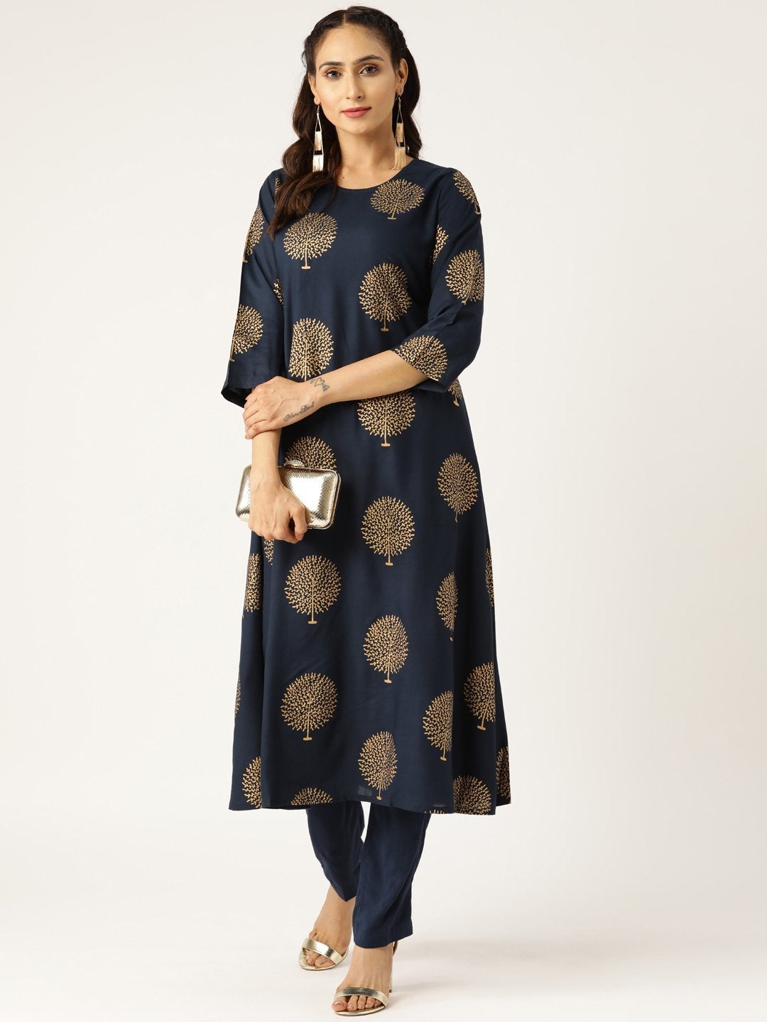 Women's Navy Tree Foil A-Line Kurta With Pencil Pants - SHAE