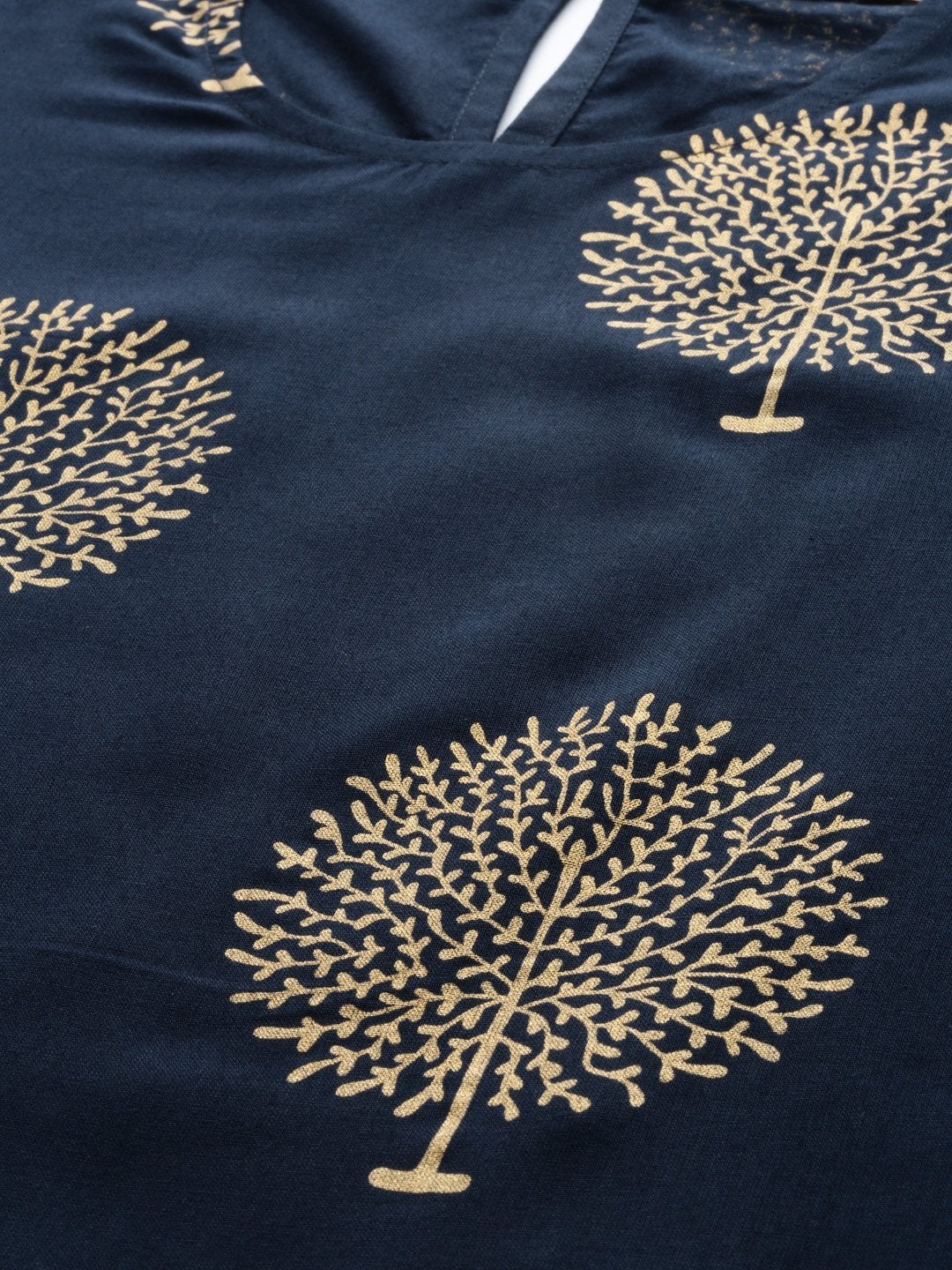 Women's Navy Tree Foil A-Line Kurta With Pencil Pants - SHAE
