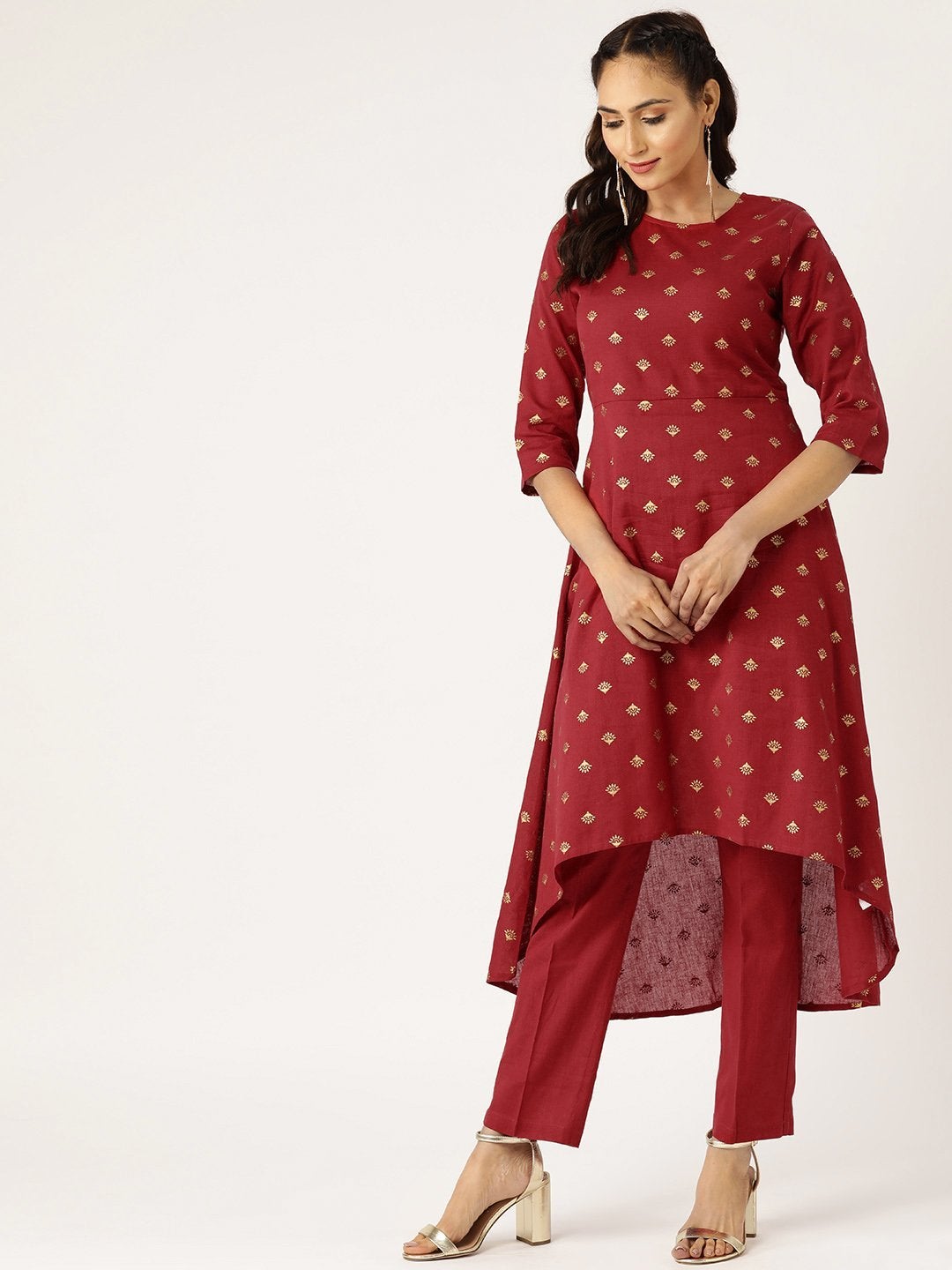 Women's Maroon Foil Booti High Low Kurta With Pencil Pants - SHAE