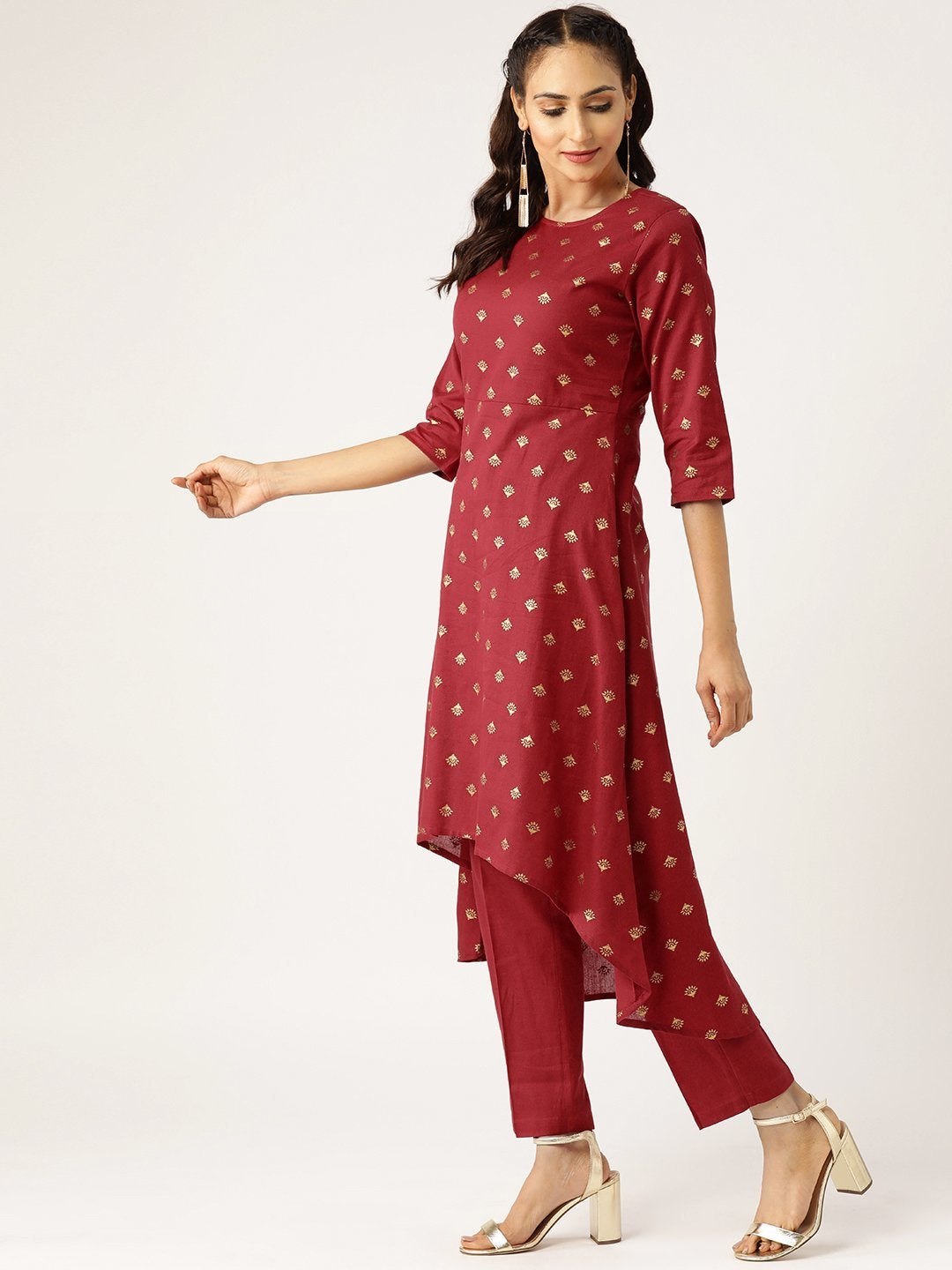 Women's Maroon Foil Booti High Low Kurta With Pencil Pants - SHAE