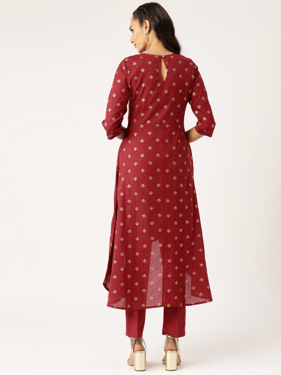 Women's Maroon Foil Booti High Low Kurta With Pencil Pants - SHAE