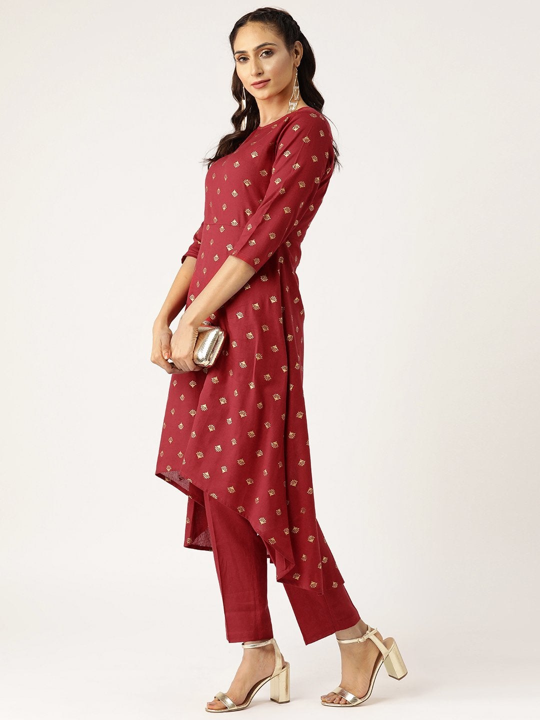 Women's Maroon Foil Booti High Low Kurta With Pencil Pants - SHAE