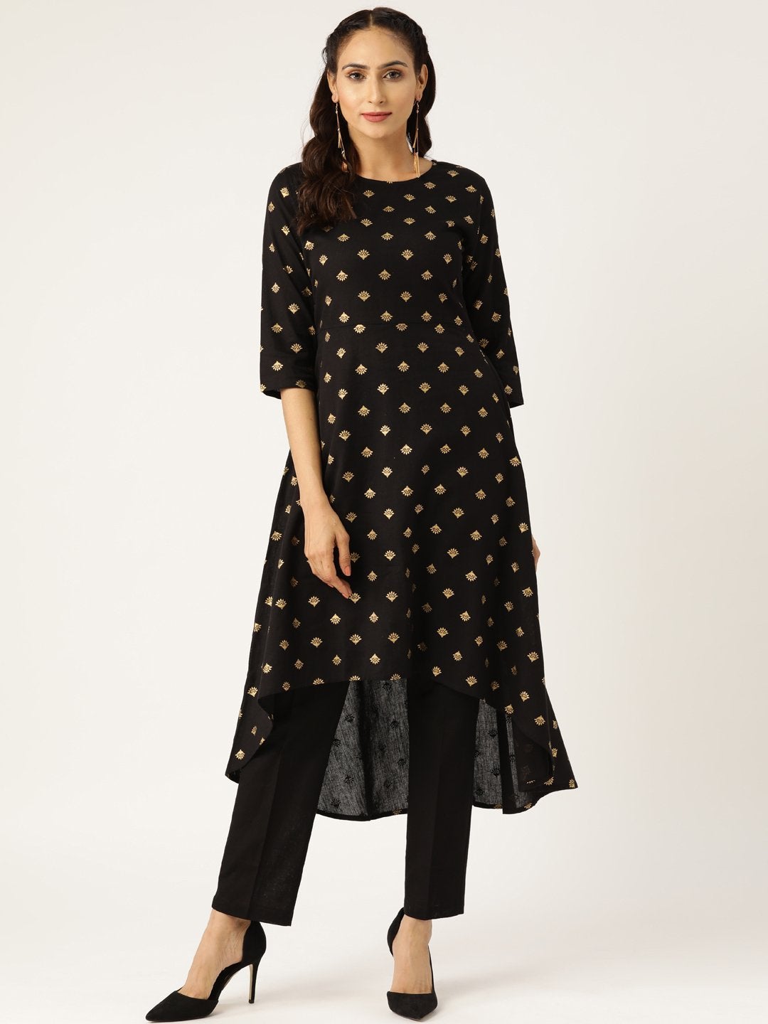 Women's Black Foil Booti High Low Kurta With Pencil Pants - SHAE