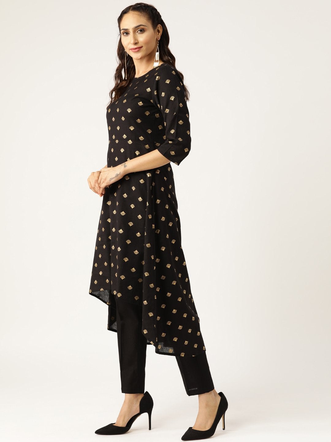 Women's Black Foil Booti High Low Kurta With Pencil Pants - SHAE