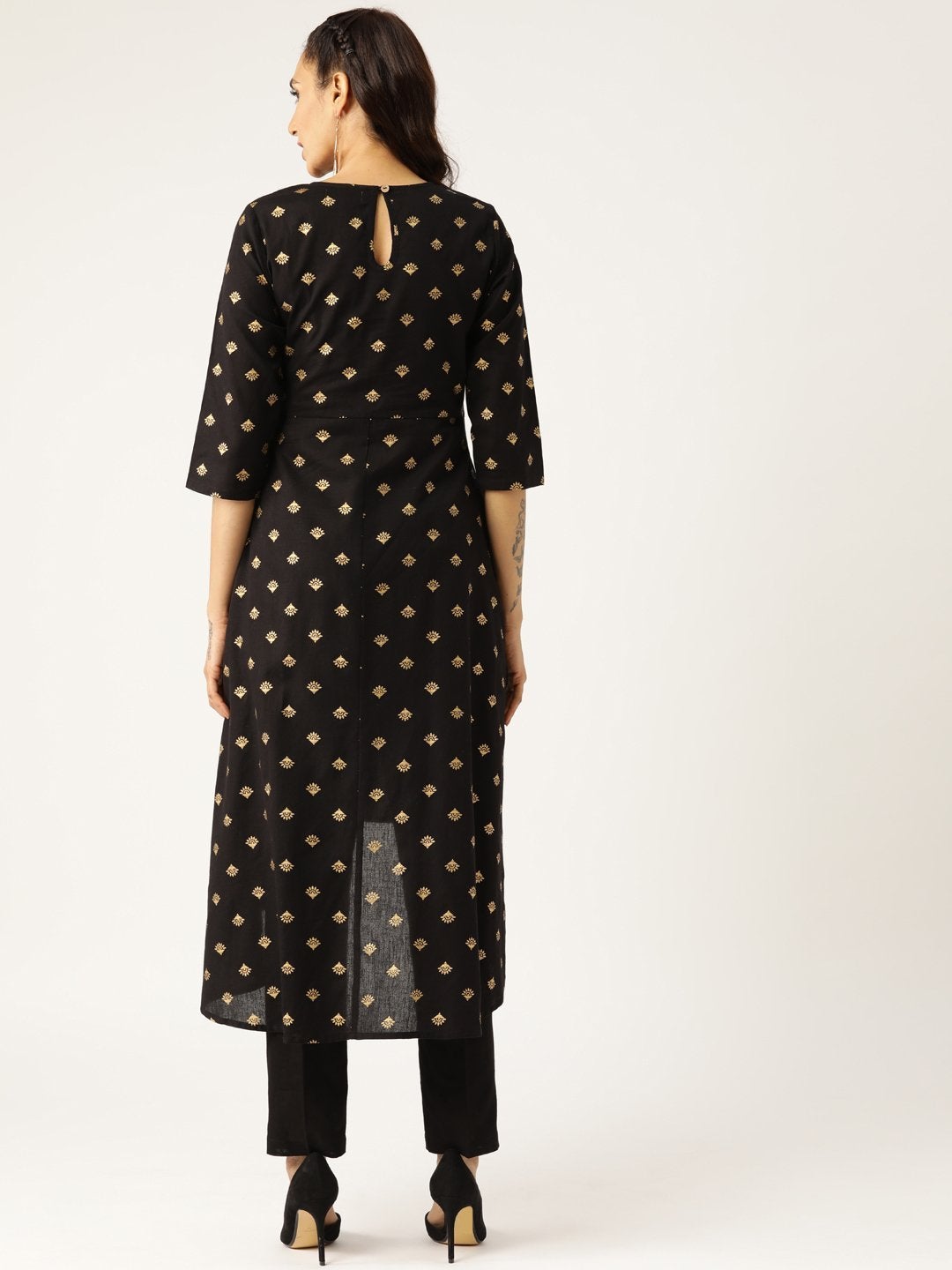 Women's Black Foil Booti High Low Kurta With Pencil Pants - SHAE