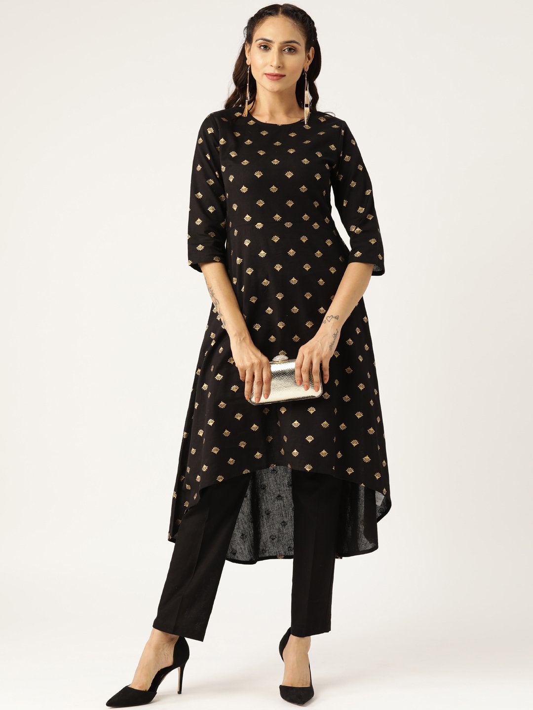 Women's Black Foil Booti High Low Kurta With Pencil Pants - SHAE