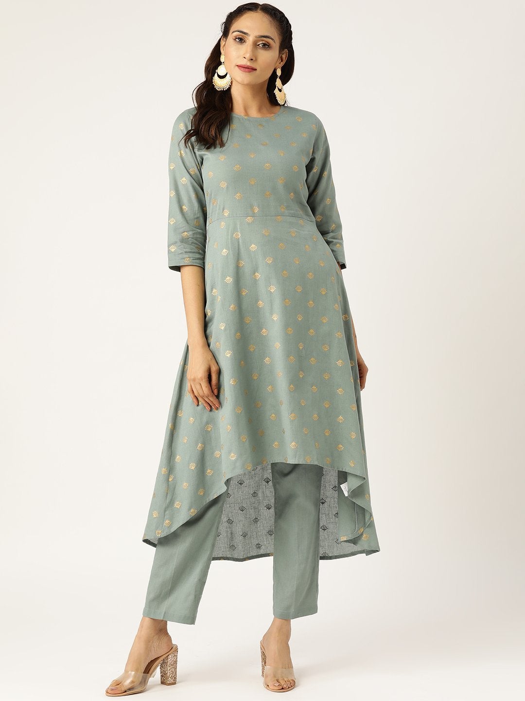 Women's Teal Small Booti High Low Kurta With Pencil Pants - SHAE