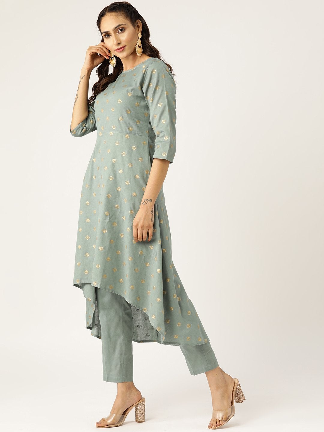 Women's Teal Small Booti High Low Kurta With Pencil Pants - SHAE