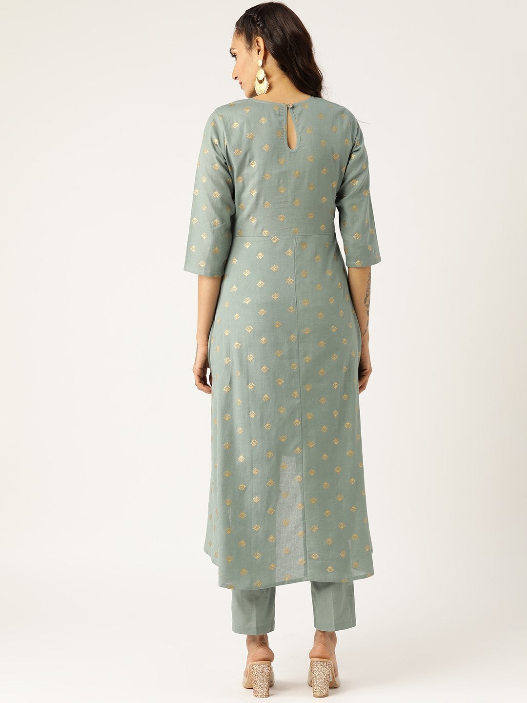 Women's Teal Small Booti High Low Kurta With Pencil Pants - SHAE