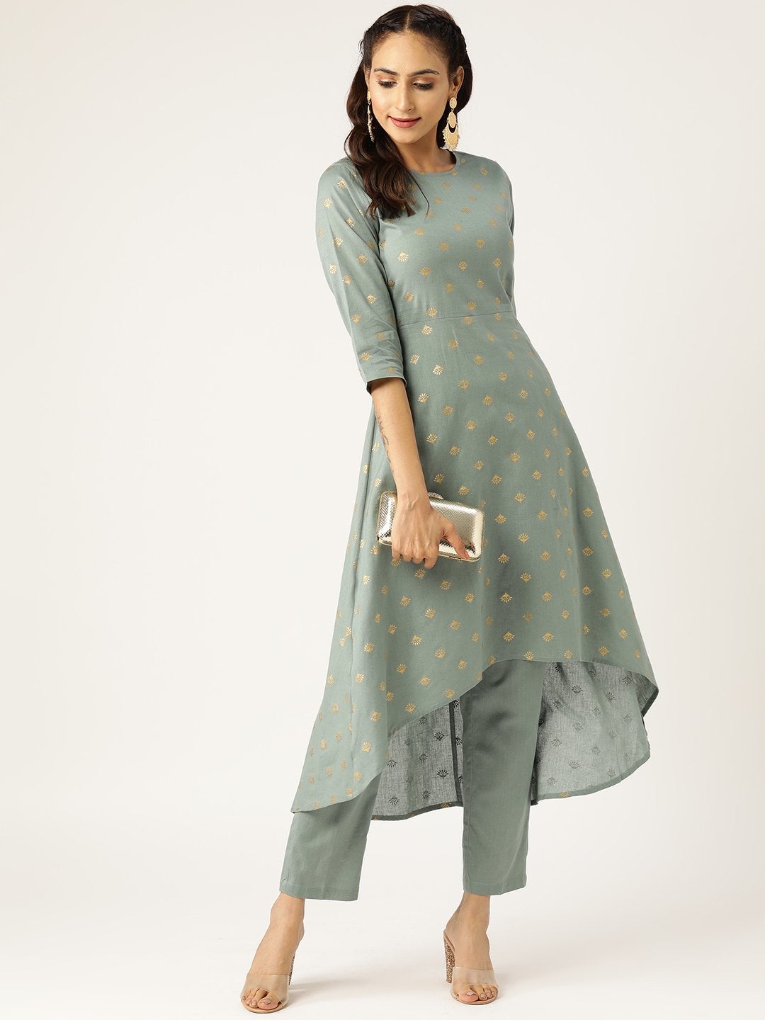 Women's Teal Small Booti High Low Kurta With Pencil Pants - SHAE