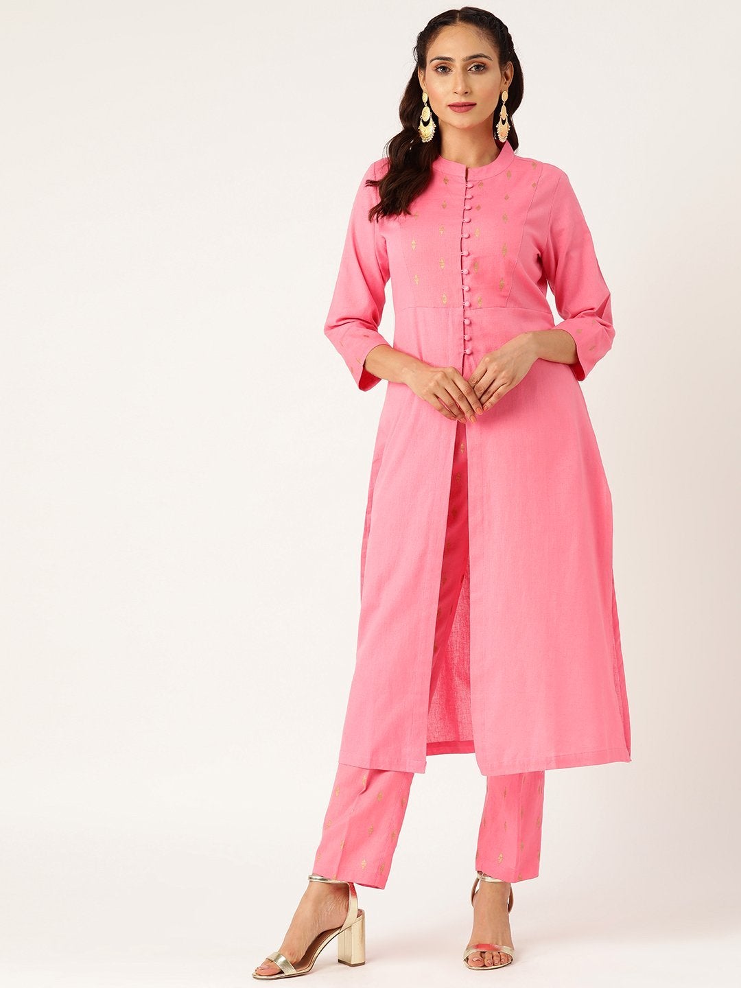 Women's Pink Dot Foil Straight Yoke Kurta With Pencil Pants - SHAE