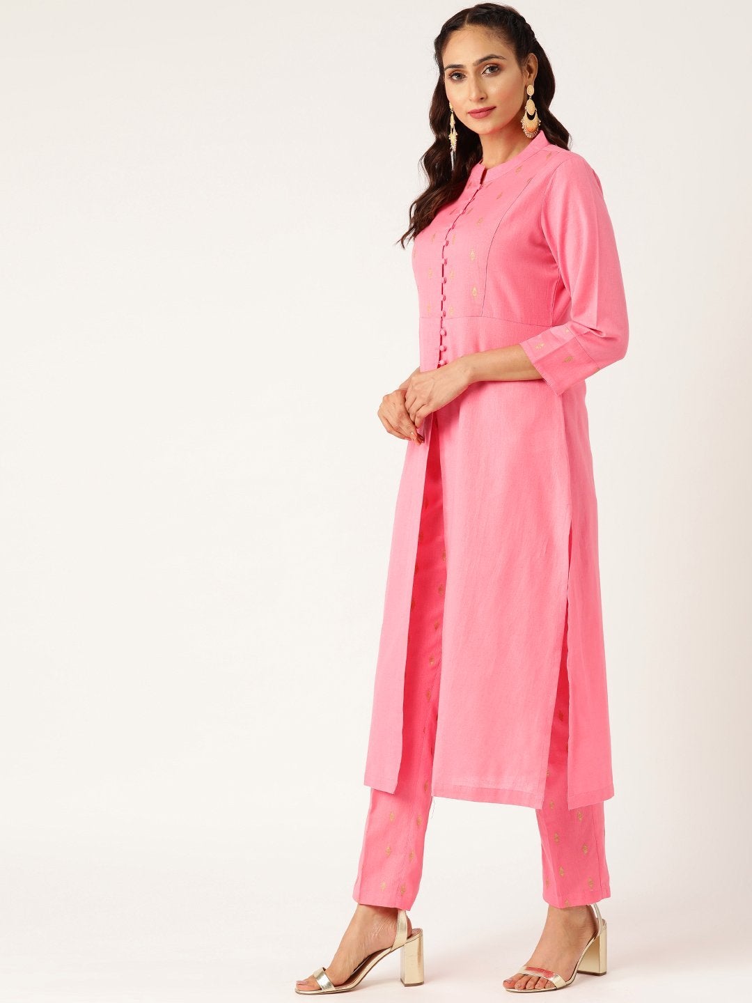 Women's Pink Dot Foil Straight Yoke Kurta With Pencil Pants - SHAE
