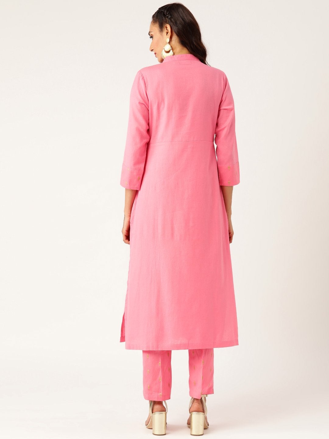 Women's Pink Dot Foil Straight Yoke Kurta With Pencil Pants - SHAE