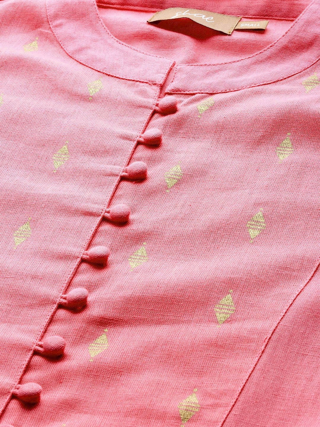 Women's Pink Dot Foil Straight Yoke Kurta With Pencil Pants - SHAE